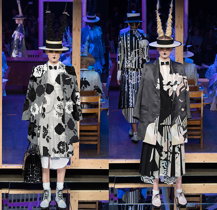 Thom Browne 2016 Spring Summer Womens Runway Catwalk Looks - New York Fashion Week - Japanese Motif Mount Fuji Landscape Cherry Blossoms Edo Koi Geisha Mink Intarsia Hair Braid Hole Straw Hat Accordion Pleats Outerwear Coat Blazer Jacket Pinstripe Patchwork Check Flowers Floral Foliage Stripes Bow Sack Knit Sheer Chiffon Tulle Lace Frayed Raw Hem Cardigan Necktie Tapestry Origami Crane Tiered