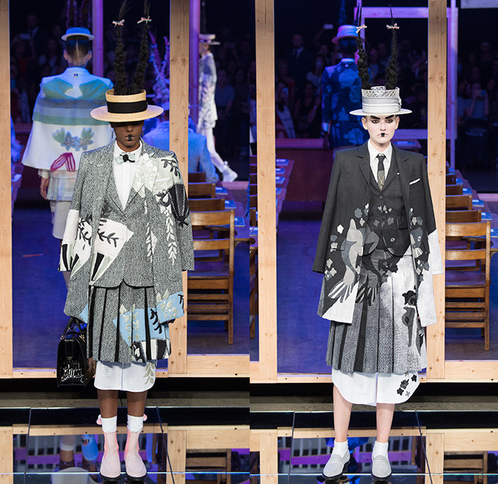 Thom Browne 2016 Spring Summer Womens Runway Catwalk Looks - New York Fashion Week - Japanese Motif Mount Fuji Landscape Cherry Blossoms Edo Koi Geisha Mink Intarsia Hair Braid Hole Straw Hat Accordion Pleats Outerwear Coat Blazer Jacket Pinstripe Patchwork Check Flowers Floral Foliage Stripes Bow Sack Knit Sheer Chiffon Tulle Lace Frayed Raw Hem Cardigan Necktie Tapestry Origami Crane Tiered