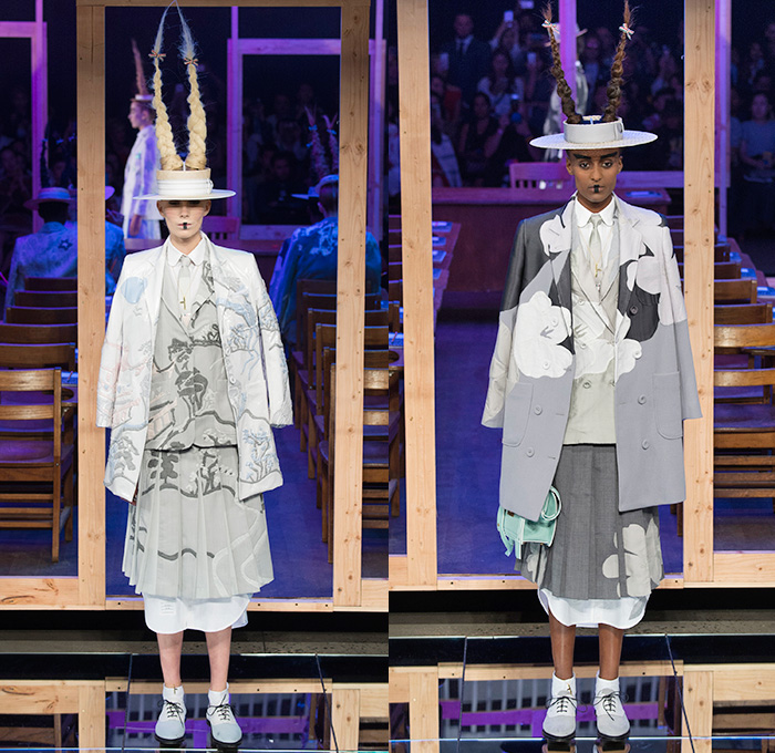 Thom Browne 2016 Spring Summer Womens Runway Catwalk Looks - New York Fashion Week - Japanese Motif Mount Fuji Landscape Cherry Blossoms Edo Koi Geisha Mink Intarsia Hair Braid Hole Straw Hat Accordion Pleats Outerwear Coat Blazer Jacket Pinstripe Patchwork Check Flowers Floral Foliage Stripes Bow Sack Knit Sheer Chiffon Tulle Lace Frayed Raw Hem Cardigan Necktie Tapestry Origami Crane Tiered