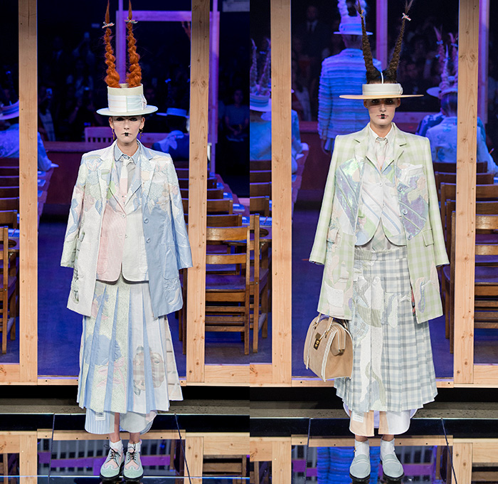 Thom Browne 2016 Spring Summer Womens Runway Catwalk Looks - New York Fashion Week - Japanese Motif Mount Fuji Landscape Cherry Blossoms Edo Koi Geisha Mink Intarsia Hair Braid Hole Straw Hat Accordion Pleats Outerwear Coat Blazer Jacket Pinstripe Patchwork Check Flowers Floral Foliage Stripes Bow Sack Knit Sheer Chiffon Tulle Lace Frayed Raw Hem Cardigan Necktie Tapestry Origami Crane Tiered