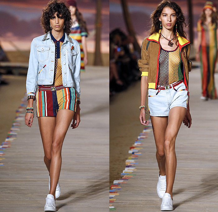 Tommy Hilfiger 2016 Spring Summer Womens Runway Catwalk Looks - New York Fashion Week - Denim Jeans Tropical Island Life Beach Rasta Crochet Bikini Swimwear Shorts Stripes Mesh Fishnet Perforated Lasercut Knit Sweater Outerwear Jacket Blazer Pantsuit Suede Crop Top Midriff Sneakers Flowers Floral Print Motif Wide Leg Trousers Palazzo Pants Bomber Jacket Maxi Dress Shirtdress Silk Satin Babydoll Halter Top