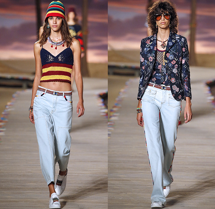 Tommy Hilfiger 2016 Spring Summer Womens Runway Catwalk Looks - New York Fashion Week - Denim Jeans Tropical Island Life Beach Rasta Crochet Bikini Swimwear Shorts Stripes Mesh Fishnet Perforated Lasercut Knit Sweater Outerwear Jacket Blazer Pantsuit Suede Crop Top Midriff Sneakers Flowers Floral Print Motif Wide Leg Trousers Palazzo Pants Bomber Jacket Maxi Dress Shirtdress Silk Satin Babydoll Halter Top