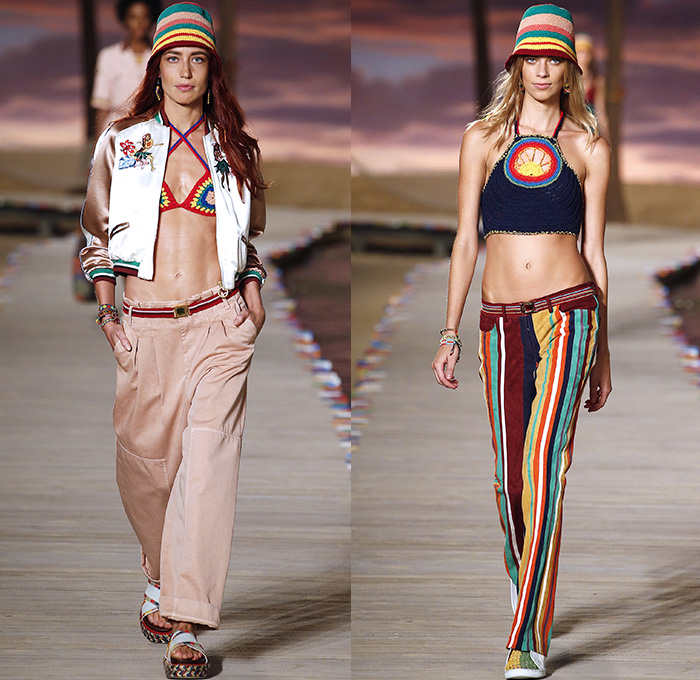 Tommy Hilfiger 2016 Spring Summer Womens Runway Catwalk Looks - New York Fashion Week - Denim Jeans Tropical Island Life Beach Rasta Crochet Bikini Swimwear Shorts Stripes Mesh Fishnet Perforated Lasercut Knit Sweater Outerwear Jacket Blazer Pantsuit Suede Crop Top Midriff Sneakers Flowers Floral Print Motif Wide Leg Trousers Palazzo Pants Bomber Jacket Maxi Dress Shirtdress Silk Satin Babydoll Halter Top