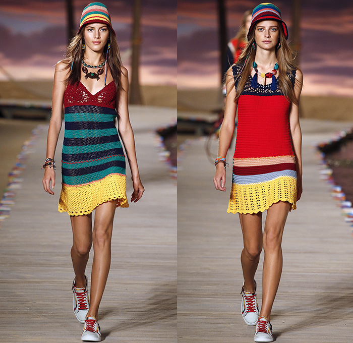 Tommy Hilfiger 2016 Spring Summer Womens Runway Catwalk Looks - New York Fashion Week - Denim Jeans Tropical Island Life Beach Rasta Crochet Bikini Swimwear Shorts Stripes Mesh Fishnet Perforated Lasercut Knit Sweater Outerwear Jacket Blazer Pantsuit Suede Crop Top Midriff Sneakers Flowers Floral Print Motif Wide Leg Trousers Palazzo Pants Bomber Jacket Maxi Dress Shirtdress Silk Satin Babydoll Halter Top