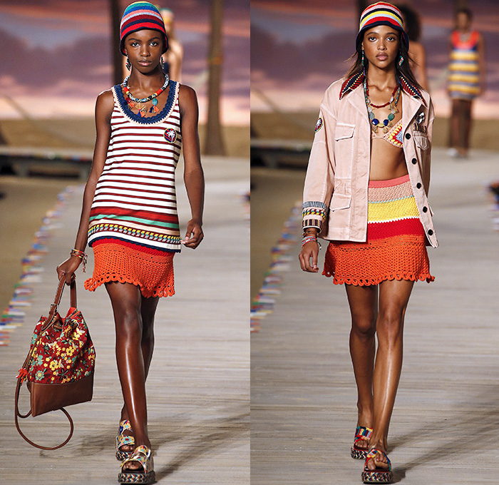 Tommy Hilfiger 2016 Spring Summer Womens Runway Catwalk Looks - New York Fashion Week - Denim Jeans Tropical Island Life Beach Rasta Crochet Bikini Swimwear Shorts Stripes Mesh Fishnet Perforated Lasercut Knit Sweater Outerwear Jacket Blazer Pantsuit Suede Crop Top Midriff Sneakers Flowers Floral Print Motif Wide Leg Trousers Palazzo Pants Bomber Jacket Maxi Dress Shirtdress Silk Satin Babydoll Halter Top