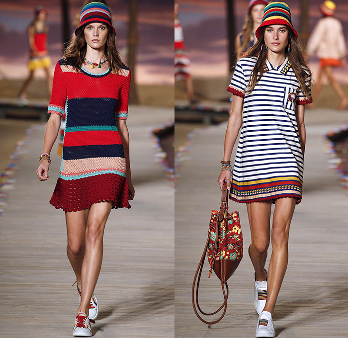 Tommy Hilfiger 2016 Spring Summer Womens Runway Catwalk Looks - New York Fashion Week - Denim Jeans Tropical Island Life Beach Rasta Crochet Bikini Swimwear Shorts Stripes Mesh Fishnet Perforated Lasercut Knit Sweater Outerwear Jacket Blazer Pantsuit Suede Crop Top Midriff Sneakers Flowers Floral Print Motif Wide Leg Trousers Palazzo Pants Bomber Jacket Maxi Dress Shirtdress Silk Satin Babydoll Halter Top