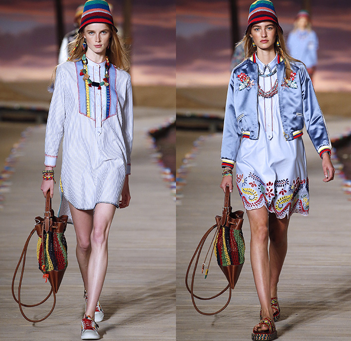 Tommy Hilfiger 2016 Spring Summer Womens Runway Catwalk Looks - New York Fashion Week - Denim Jeans Tropical Island Life Beach Rasta Crochet Bikini Swimwear Shorts Stripes Mesh Fishnet Perforated Lasercut Knit Sweater Outerwear Jacket Blazer Pantsuit Suede Crop Top Midriff Sneakers Flowers Floral Print Motif Wide Leg Trousers Palazzo Pants Bomber Jacket Maxi Dress Shirtdress Silk Satin Babydoll Halter Top