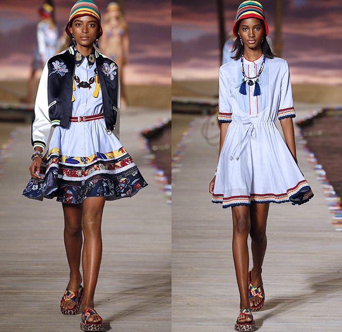 Tommy Hilfiger 2016 Spring Summer Womens Runway Catwalk Looks - New York Fashion Week - Denim Jeans Tropical Island Life Beach Rasta Crochet Bikini Swimwear Shorts Stripes Mesh Fishnet Perforated Lasercut Knit Sweater Outerwear Jacket Blazer Pantsuit Suede Crop Top Midriff Sneakers Flowers Floral Print Motif Wide Leg Trousers Palazzo Pants Bomber Jacket Maxi Dress Shirtdress Silk Satin Babydoll Halter Top