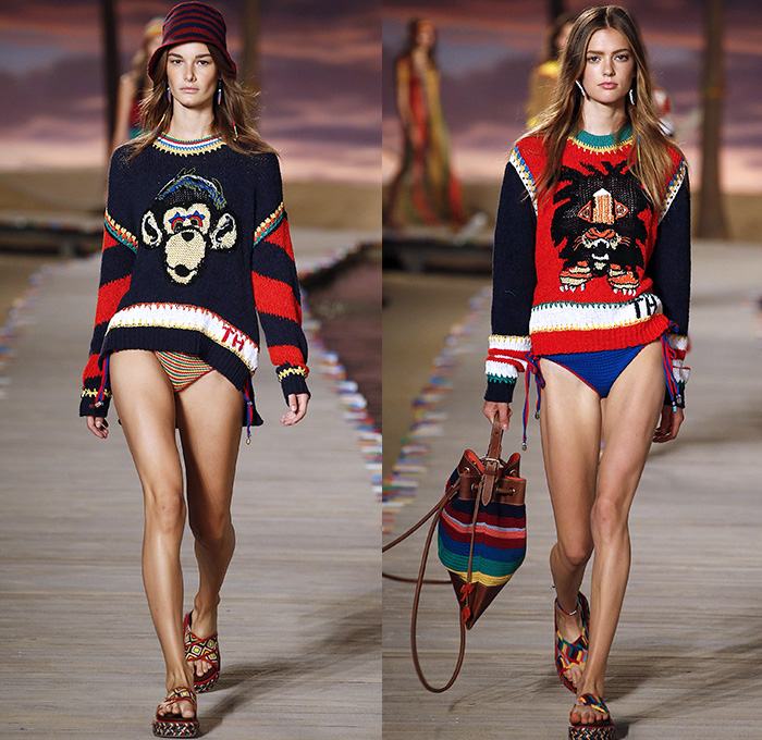 Tommy Hilfiger 2016 Spring Summer Womens Runway Catwalk Looks - New York Fashion Week - Denim Jeans Tropical Island Life Beach Rasta Crochet Bikini Swimwear Shorts Stripes Mesh Fishnet Perforated Lasercut Knit Sweater Outerwear Jacket Blazer Pantsuit Suede Crop Top Midriff Sneakers Flowers Floral Print Motif Wide Leg Trousers Palazzo Pants Bomber Jacket Maxi Dress Shirtdress Silk Satin Babydoll Halter Top