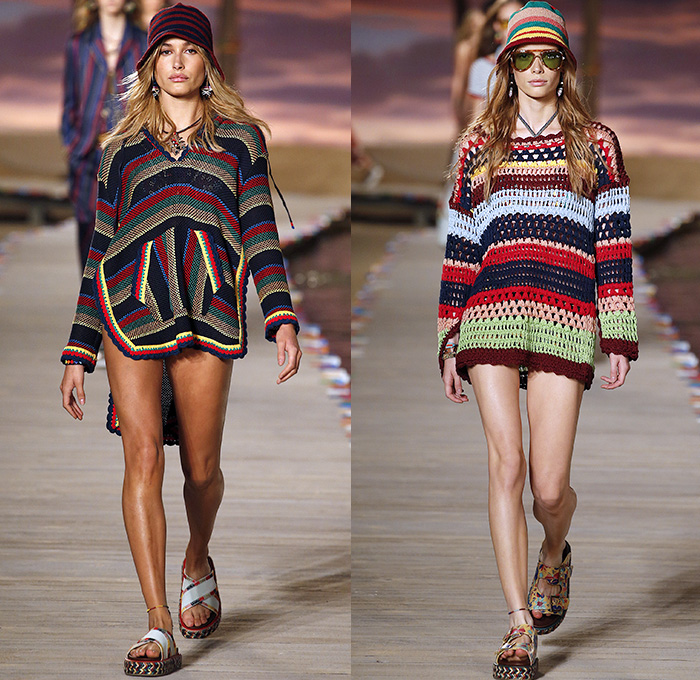 Tommy Hilfiger 2016 Spring Summer Womens Runway Catwalk Looks - New York Fashion Week - Denim Jeans Tropical Island Life Beach Rasta Crochet Bikini Swimwear Shorts Stripes Mesh Fishnet Perforated Lasercut Knit Sweater Outerwear Jacket Blazer Pantsuit Suede Crop Top Midriff Sneakers Flowers Floral Print Motif Wide Leg Trousers Palazzo Pants Bomber Jacket Maxi Dress Shirtdress Silk Satin Babydoll Halter Top