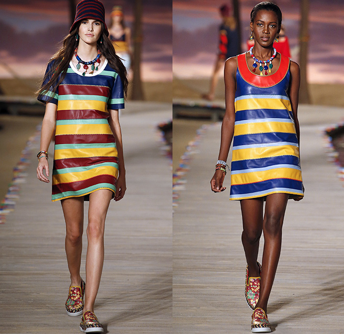 Tommy Hilfiger 2016 Spring Summer Womens Runway Catwalk Looks - New York Fashion Week - Denim Jeans Tropical Island Life Beach Rasta Crochet Bikini Swimwear Shorts Stripes Mesh Fishnet Perforated Lasercut Knit Sweater Outerwear Jacket Blazer Pantsuit Suede Crop Top Midriff Sneakers Flowers Floral Print Motif Wide Leg Trousers Palazzo Pants Bomber Jacket Maxi Dress Shirtdress Silk Satin Babydoll Halter Top