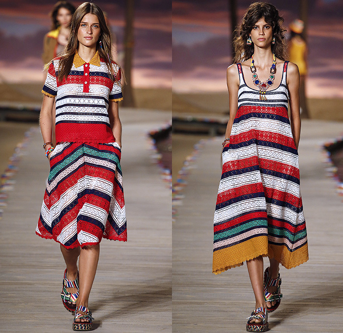 Tommy Hilfiger 2016 Spring Summer Womens Runway Catwalk Looks - New York Fashion Week - Denim Jeans Tropical Island Life Beach Rasta Crochet Bikini Swimwear Shorts Stripes Mesh Fishnet Perforated Lasercut Knit Sweater Outerwear Jacket Blazer Pantsuit Suede Crop Top Midriff Sneakers Flowers Floral Print Motif Wide Leg Trousers Palazzo Pants Bomber Jacket Maxi Dress Shirtdress Silk Satin Babydoll Halter Top