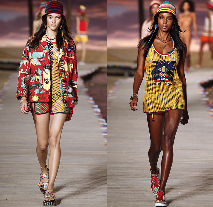 Tommy Hilfiger 2016 Spring Summer Womens Runway Catwalk Looks - New York Fashion Week - Denim Jeans Tropical Island Life Beach Rasta Crochet Bikini Swimwear Shorts Stripes Mesh Fishnet Perforated Lasercut Knit Sweater Outerwear Jacket Blazer Pantsuit Suede Crop Top Midriff Sneakers Flowers Floral Print Motif Wide Leg Trousers Palazzo Pants Bomber Jacket Maxi Dress Shirtdress Silk Satin Babydoll Halter Top