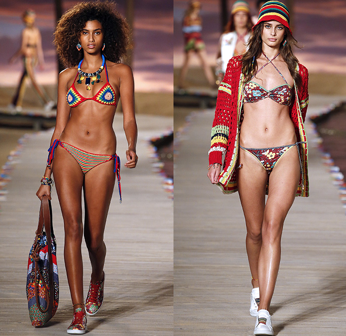 Tommy Hilfiger 2016 Spring Summer Womens Runway Catwalk Looks - New York Fashion Week - Denim Jeans Tropical Island Life Beach Rasta Crochet Bikini Swimwear Shorts Stripes Mesh Fishnet Perforated Lasercut Knit Sweater Outerwear Jacket Blazer Pantsuit Suede Crop Top Midriff Sneakers Flowers Floral Print Motif Wide Leg Trousers Palazzo Pants Bomber Jacket Maxi Dress Shirtdress Silk Satin Babydoll Halter Top