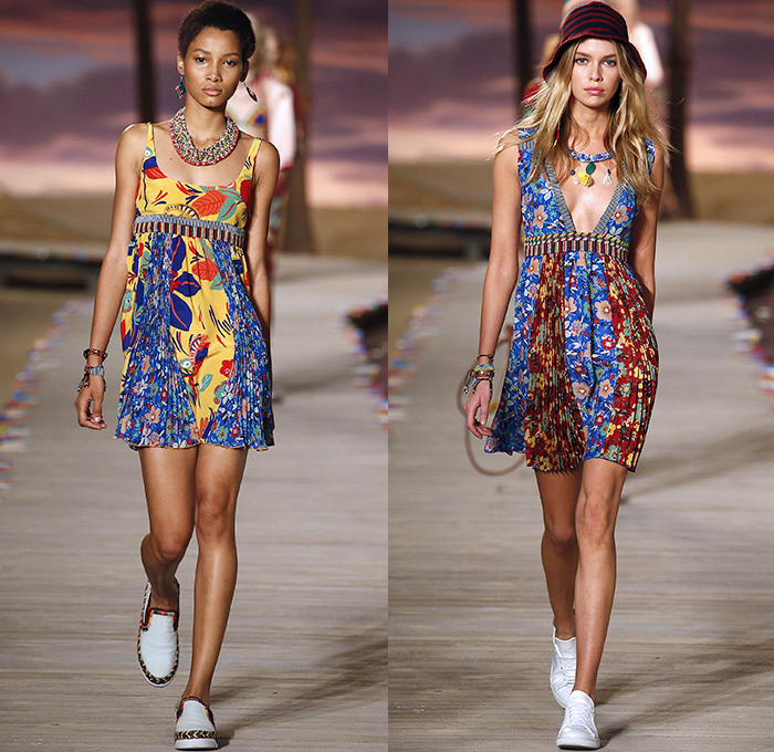 Tommy Hilfiger 2016 Spring Summer Womens Runway Catwalk Looks - New York Fashion Week - Denim Jeans Tropical Island Life Beach Rasta Crochet Bikini Swimwear Shorts Stripes Mesh Fishnet Perforated Lasercut Knit Sweater Outerwear Jacket Blazer Pantsuit Suede Crop Top Midriff Sneakers Flowers Floral Print Motif Wide Leg Trousers Palazzo Pants Bomber Jacket Maxi Dress Shirtdress Silk Satin Babydoll Halter Top