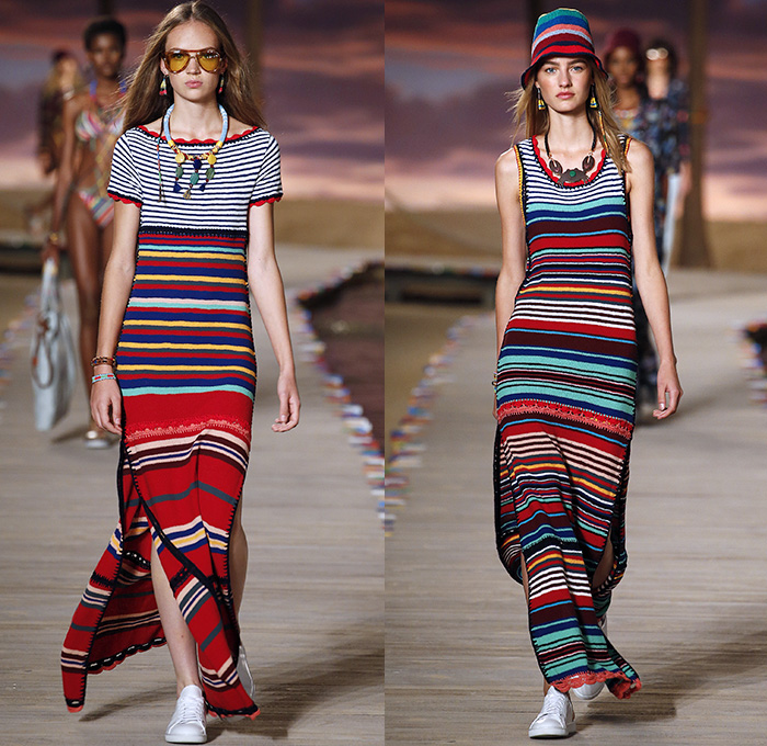 Tommy Hilfiger 2016 Spring Summer Womens Runway Catwalk Looks - New York Fashion Week - Denim Jeans Tropical Island Life Beach Rasta Crochet Bikini Swimwear Shorts Stripes Mesh Fishnet Perforated Lasercut Knit Sweater Outerwear Jacket Blazer Pantsuit Suede Crop Top Midriff Sneakers Flowers Floral Print Motif Wide Leg Trousers Palazzo Pants Bomber Jacket Maxi Dress Shirtdress Silk Satin Babydoll Halter Top