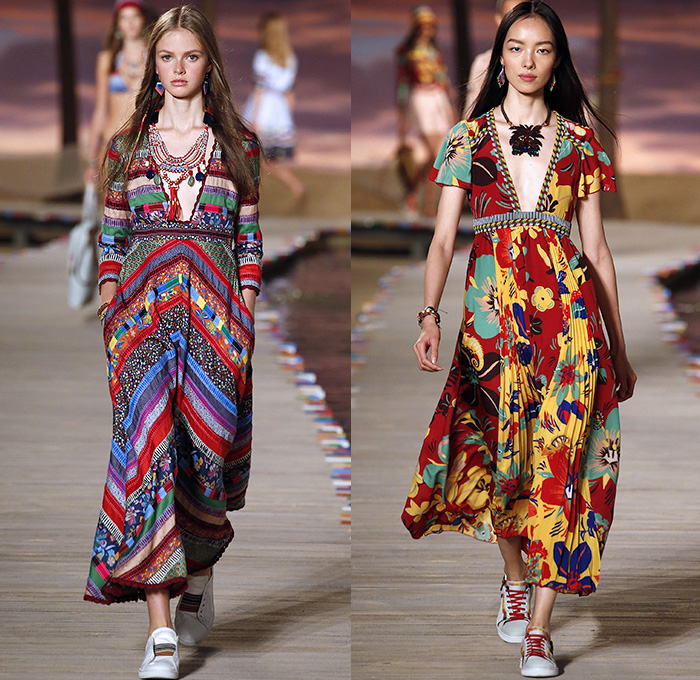 Tommy Hilfiger 2016 Spring Summer Womens Runway Catwalk Looks - New York Fashion Week - Denim Jeans Tropical Island Life Beach Rasta Crochet Bikini Swimwear Shorts Stripes Mesh Fishnet Perforated Lasercut Knit Sweater Outerwear Jacket Blazer Pantsuit Suede Crop Top Midriff Sneakers Flowers Floral Print Motif Wide Leg Trousers Palazzo Pants Bomber Jacket Maxi Dress Shirtdress Silk Satin Babydoll Halter Top