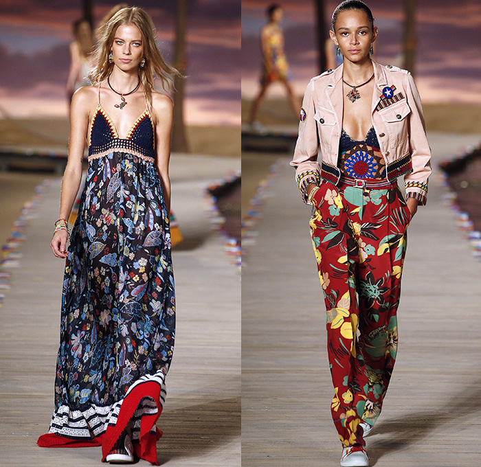 Tommy Hilfiger 2016 Spring Summer Womens Runway Catwalk Looks - New York Fashion Week - Denim Jeans Tropical Island Life Beach Rasta Crochet Bikini Swimwear Shorts Stripes Mesh Fishnet Perforated Lasercut Knit Sweater Outerwear Jacket Blazer Pantsuit Suede Crop Top Midriff Sneakers Flowers Floral Print Motif Wide Leg Trousers Palazzo Pants Bomber Jacket Maxi Dress Shirtdress Silk Satin Babydoll Halter Top