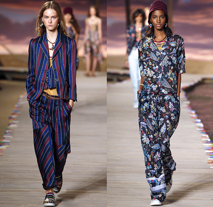 Tommy Hilfiger 2016 Spring Summer Womens Runway Catwalk Looks - New York Fashion Week - Denim Jeans Tropical Island Life Beach Rasta Crochet Bikini Swimwear Shorts Stripes Mesh Fishnet Perforated Lasercut Knit Sweater Outerwear Jacket Blazer Pantsuit Suede Crop Top Midriff Sneakers Flowers Floral Print Motif Wide Leg Trousers Palazzo Pants Bomber Jacket Maxi Dress Shirtdress Silk Satin Babydoll Halter Top