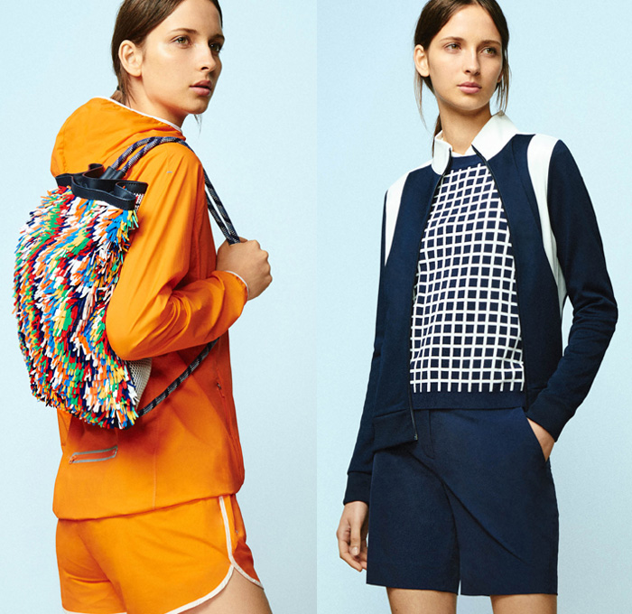 Tory Sport Collection by Tory Burch 2nd Delivery 2016 Spring Summer Womens Lookbook Presentation - Athleisure Performance Activewear Fitness Gym Sporty Swim Bikini Knit Sweater Jumper Tennis Volleyball Golf Stripes Parka Anorak Windbreaker Bomber Track Jacket Vest Nylon Fanny Pack Waist Pouch Belt Bag Dolphin Hem Shorts Hoodie Sweatshirt Check Grid Accordion Pleats Miniskirt Frock Shirt Blouse Sandals Leggings