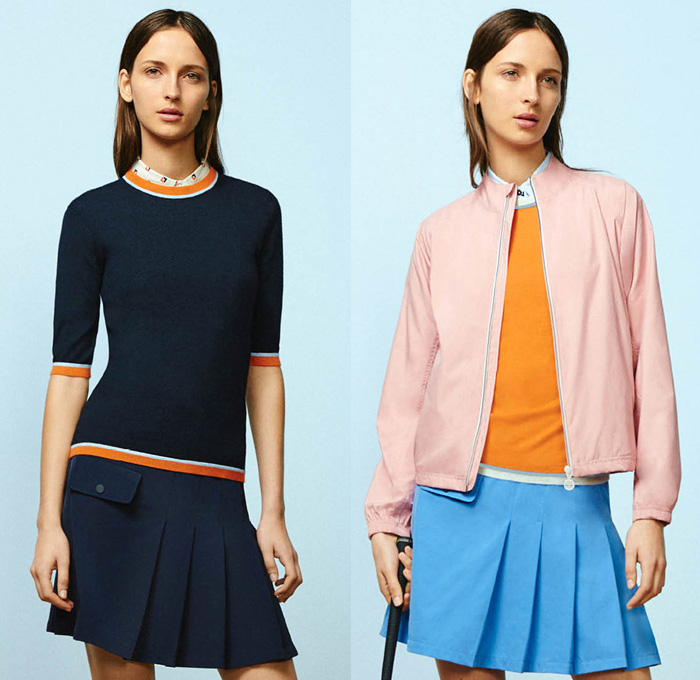 Tory Sport Collection by Tory Burch 2nd Delivery 2016 Spring Summer Womens Lookbook Presentation - Athleisure Performance Activewear Fitness Gym Sporty Swim Bikini Knit Sweater Jumper Tennis Volleyball Golf Stripes Parka Anorak Windbreaker Bomber Track Jacket Vest Nylon Fanny Pack Waist Pouch Belt Bag Dolphin Hem Shorts Hoodie Sweatshirt Check Grid Accordion Pleats Miniskirt Frock Shirt Blouse Sandals Leggings