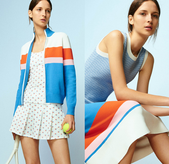 Tory Sport Collection by Tory Burch 2nd Delivery 2016 Spring Summer Womens Lookbook Presentation - Athleisure Performance Activewear Fitness Gym Sporty Swim Bikini Knit Sweater Jumper Tennis Volleyball Golf Stripes Parka Anorak Windbreaker Bomber Track Jacket Vest Nylon Fanny Pack Waist Pouch Belt Bag Dolphin Hem Shorts Hoodie Sweatshirt Check Grid Accordion Pleats Miniskirt Frock Shirt Blouse Sandals Leggings