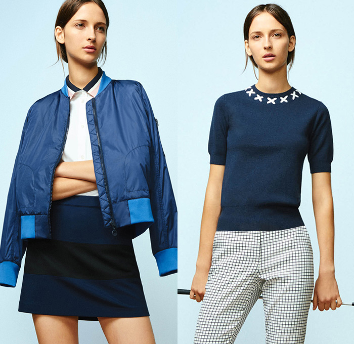 Tory Sport Collection by Tory Burch 2nd Delivery 2016 Spring Summer Womens Lookbook Presentation - Athleisure Performance Activewear Fitness Gym Sporty Swim Bikini Knit Sweater Jumper Tennis Volleyball Golf Stripes Parka Anorak Windbreaker Bomber Track Jacket Vest Nylon Fanny Pack Waist Pouch Belt Bag Dolphin Hem Shorts Hoodie Sweatshirt Check Grid Accordion Pleats Miniskirt Frock Shirt Blouse Sandals Leggings