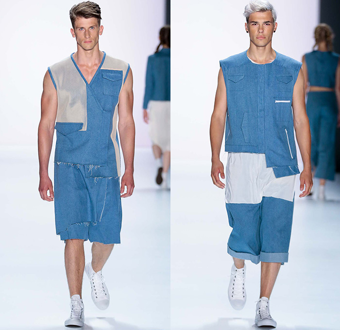 VEKTOR 2016 Spring Summer Mens Runway Catwalk Looks - Mercedes-Benz Fashion Week Berlin Germany Deutschland - Denim Jeans Shorts Outerwear Coat Jacket Cargo Utility Pockets Sheer Chiffon Tulle Mesh Sleeveless Sneakers Frayed Raw Hem Wrap Wide Leg Trousers Pants Shirt Zipper Sweater Jumper Pullover Vest Waistcoat Shirtdress Popover