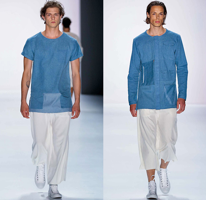 VEKTOR 2016 Spring Summer Mens Runway Catwalk Looks - Mercedes-Benz Fashion Week Berlin Germany Deutschland - Denim Jeans Shorts Outerwear Coat Jacket Cargo Utility Pockets Sheer Chiffon Tulle Mesh Sleeveless Sneakers Frayed Raw Hem Wrap Wide Leg Trousers Pants Shirt Zipper Sweater Jumper Pullover Vest Waistcoat Shirtdress Popover