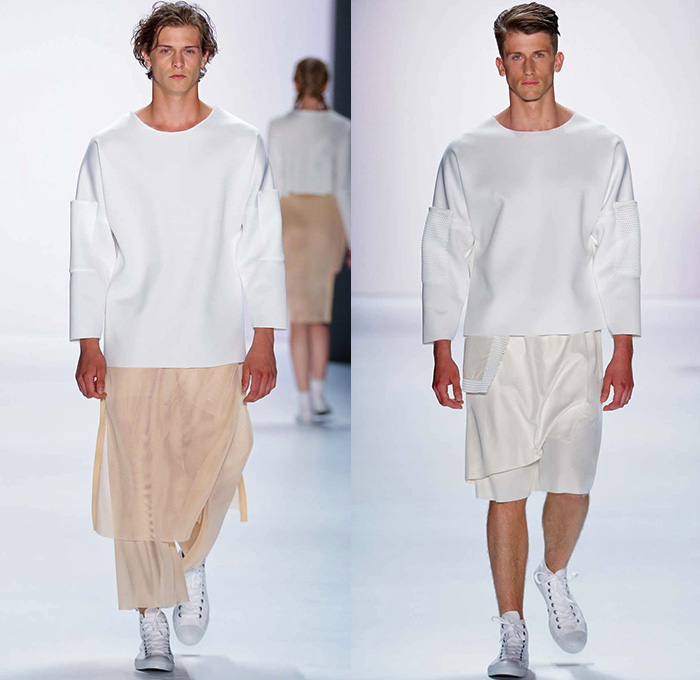 VEKTOR 2016 Spring Summer Mens Runway Catwalk Looks - Mercedes-Benz Fashion Week Berlin Germany Deutschland - Denim Jeans Shorts Outerwear Coat Jacket Cargo Utility Pockets Sheer Chiffon Tulle Mesh Sleeveless Sneakers Frayed Raw Hem Wrap Wide Leg Trousers Pants Shirt Zipper Sweater Jumper Pullover Vest Waistcoat Shirtdress Popover