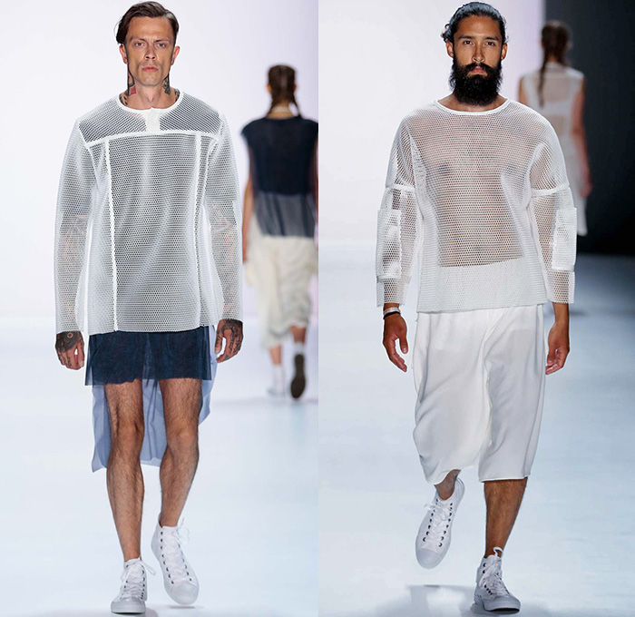 VEKTOR 2016 Spring Summer Mens Runway Catwalk Looks - Mercedes-Benz Fashion Week Berlin Germany Deutschland - Denim Jeans Shorts Outerwear Coat Jacket Cargo Utility Pockets Sheer Chiffon Tulle Mesh Sleeveless Sneakers Frayed Raw Hem Wrap Wide Leg Trousers Pants Shirt Zipper Sweater Jumper Pullover Vest Waistcoat Shirtdress Popover