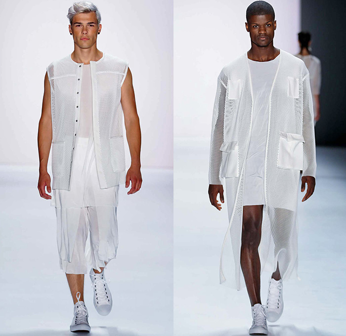 VEKTOR 2016 Spring Summer Mens Runway Catwalk Looks - Mercedes-Benz Fashion Week Berlin Germany Deutschland - Denim Jeans Shorts Outerwear Coat Jacket Cargo Utility Pockets Sheer Chiffon Tulle Mesh Sleeveless Sneakers Frayed Raw Hem Wrap Wide Leg Trousers Pants Shirt Zipper Sweater Jumper Pullover Vest Waistcoat Shirtdress Popover