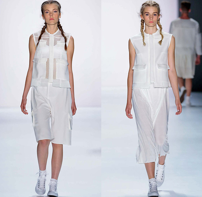 VEKTOR 2016 Spring Summer Womens Runway Catwalk Looks - Mercedes-Benz Fashion Week Berlin Germany Deutschland - Denim Jeans Crop Top Midriff Bralette Wide Leg Trousers Palazzo Pants Culottes Gauchos Shorts Outerwear Coat Jacket Cargo Utility Pockets Skirt Frock Sneakers Sheer Chiffon Tulle Mesh Vest Waistcoat Dress Stockings Tights Shirtdress Popover White Ensemble Asymmetrical Half Skirt