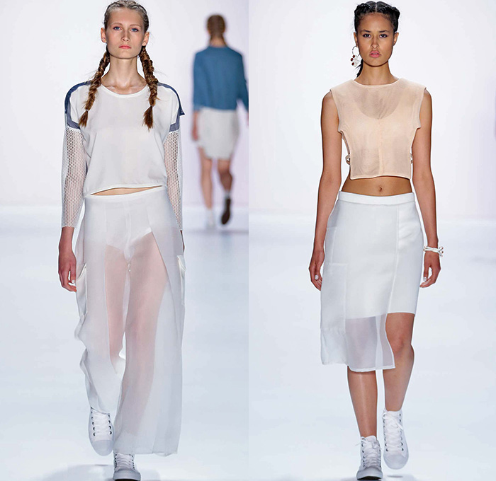 VEKTOR 2016 Spring Summer Womens Runway Catwalk Looks - Mercedes-Benz Fashion Week Berlin Germany Deutschland - Denim Jeans Crop Top Midriff Bralette Wide Leg Trousers Palazzo Pants Culottes Gauchos Shorts Outerwear Coat Jacket Cargo Utility Pockets Skirt Frock Sneakers Sheer Chiffon Tulle Mesh Vest Waistcoat Dress Stockings Tights Shirtdress Popover White Ensemble Asymmetrical Half Skirt