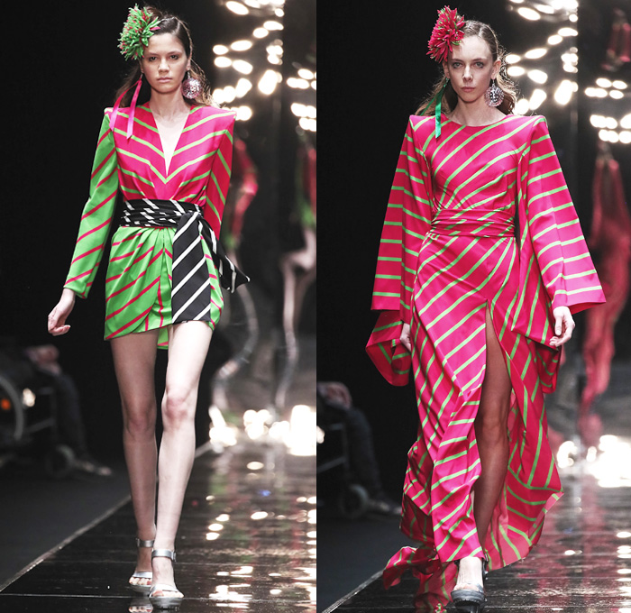 Viva Vox 2016 Spring Summer Womens Runway Catwalk Looks Designer Oleg Ovsiev - Mercedes-Benz Fashion Week Russia - Stripes Pointed Shoulders Asymmetrical Hem Miniskirt Frock Maxi Dress Kimono Wrap Obi Sash Waist Glitter Coat Blazer Jacket Strapless Windowpane Check Grid Lattice Wireframe Hanging Sleeve Shorts Pantsuit Flowers Floral Print Pattern Silk Satin Polka Dots Embroidery Bedazzled Studs Sequins One Shoulder