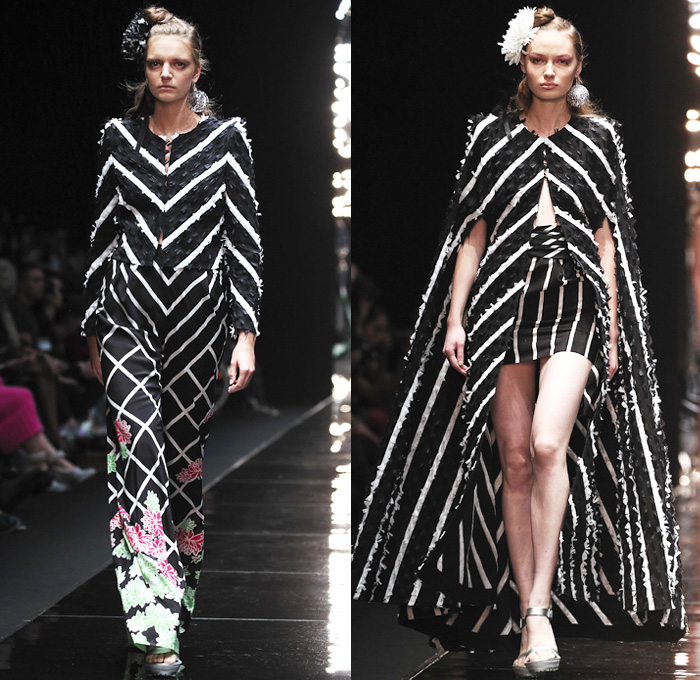 Viva Vox 2016 Spring Summer Womens Runway Catwalk Looks Designer Oleg Ovsiev - Mercedes-Benz Fashion Week Russia - Stripes Pointed Shoulders Asymmetrical Hem Miniskirt Frock Maxi Dress Kimono Wrap Obi Sash Waist Glitter Coat Blazer Jacket Strapless Windowpane Check Grid Lattice Wireframe Hanging Sleeve Shorts Pantsuit Flowers Floral Print Pattern Silk Satin Polka Dots Embroidery Bedazzled Studs Sequins One Shoulder