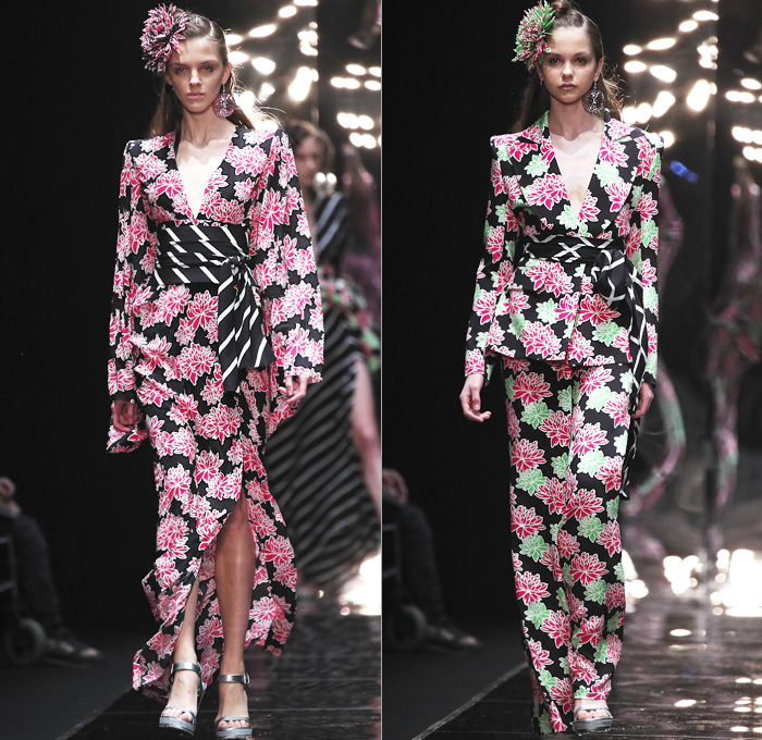 Viva Vox 2016 Spring Summer Womens Runway Catwalk Looks Designer Oleg Ovsiev - Mercedes-Benz Fashion Week Russia - Stripes Pointed Shoulders Asymmetrical Hem Miniskirt Frock Maxi Dress Kimono Wrap Obi Sash Waist Glitter Coat Blazer Jacket Strapless Windowpane Check Grid Lattice Wireframe Hanging Sleeve Shorts Pantsuit Flowers Floral Print Pattern Silk Satin Polka Dots Embroidery Bedazzled Studs Sequins One Shoulder