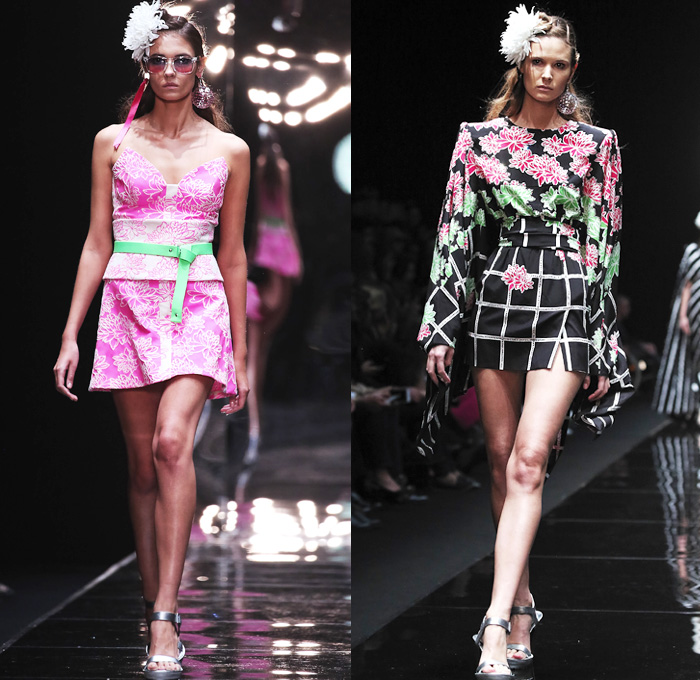 Viva Vox 2016 Spring Summer Womens Runway Catwalk Looks Designer Oleg Ovsiev - Mercedes-Benz Fashion Week Russia - Stripes Pointed Shoulders Asymmetrical Hem Miniskirt Frock Maxi Dress Kimono Wrap Obi Sash Waist Glitter Coat Blazer Jacket Strapless Windowpane Check Grid Lattice Wireframe Hanging Sleeve Shorts Pantsuit Flowers Floral Print Pattern Silk Satin Polka Dots Embroidery Bedazzled Studs Sequins One Shoulder