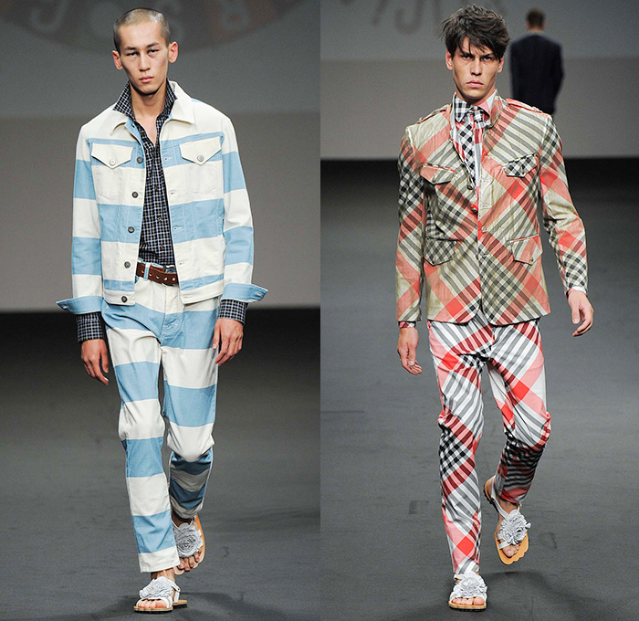 Vivienne Westwood 2016 Spring Summer Mens Runway Catwalk Looks with Andreas Kronthaler - Milano Moda Uomo Collezione Milan Fashion Week Italy - Tunic Check Plaid Gladiator Sandals Outerwear Coat Jacket Suit Blazer Parka Pants Trousers Slouchy Oversized Shirt Drapery Necktie Leopard Slim Flowers Floral Stripes Tapered Three Piece Drawstring Vest Waistcoat Knit Cardigan Mesh Fishnet Poncho Androgyny