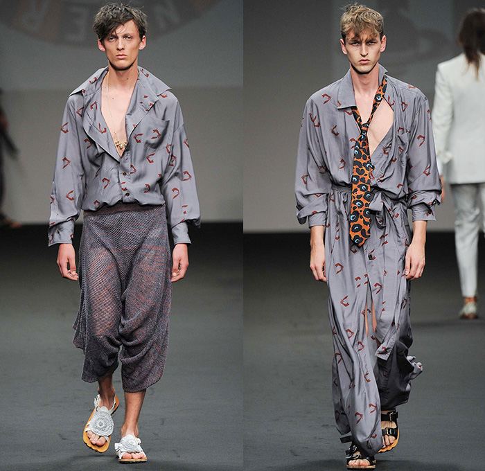 Vivienne Westwood 2016 Spring Summer Mens Runway Catwalk Looks with Andreas Kronthaler - Milano Moda Uomo Collezione Milan Fashion Week Italy - Tunic Check Plaid Gladiator Sandals Outerwear Coat Jacket Suit Blazer Parka Pants Trousers Slouchy Oversized Shirt Drapery Necktie Leopard Slim Flowers Floral Stripes Tapered Three Piece Drawstring Vest Waistcoat Knit Cardigan Mesh Fishnet Poncho Androgyny
