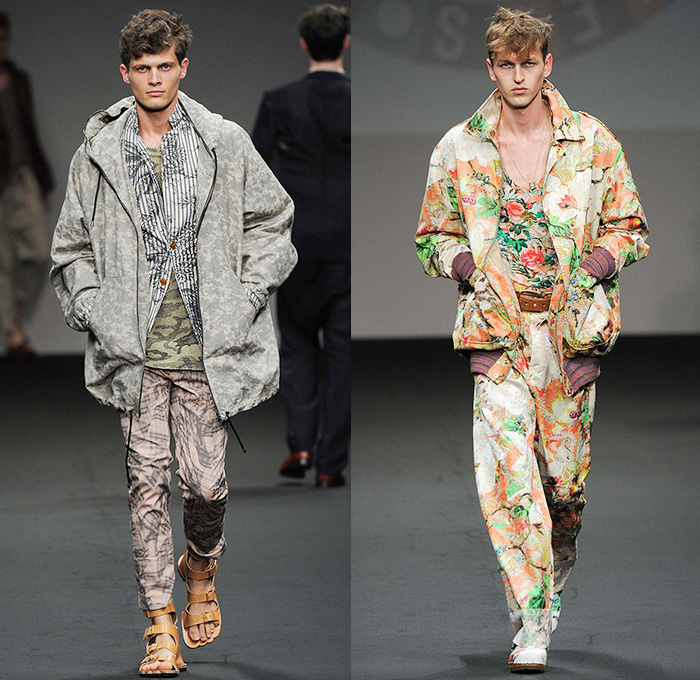 Vivienne Westwood 2016 Spring Summer Mens Runway Catwalk Looks with Andreas Kronthaler - Milano Moda Uomo Collezione Milan Fashion Week Italy - Tunic Check Plaid Gladiator Sandals Outerwear Coat Jacket Suit Blazer Parka Pants Trousers Slouchy Oversized Shirt Drapery Necktie Leopard Slim Flowers Floral Stripes Tapered Three Piece Drawstring Vest Waistcoat Knit Cardigan Mesh Fishnet Poncho Androgyny