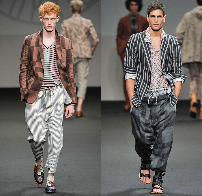 Vivienne Westwood 2016 Spring Summer Mens Runway Catwalk Looks with Andreas Kronthaler - Milano Moda Uomo Collezione Milan Fashion Week Italy - Tunic Check Plaid Gladiator Sandals Outerwear Coat Jacket Suit Blazer Parka Pants Trousers Slouchy Oversized Shirt Drapery Necktie Leopard Slim Flowers Floral Stripes Tapered Three Piece Drawstring Vest Waistcoat Knit Cardigan Mesh Fishnet Poncho Androgyny