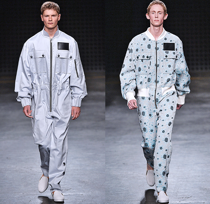 Xander Zhou 2016 Spring Summer Mens Runway Catwalk Looks - London Collections: Men British Fashion Council UK United Kingdom - Denim Jeans Chinese Embroidery Tabard Apron Bib Halter Top Clouds Streams Dragon Silk Cargo Pockets O-Ring Straps Anorak Outerwear Jacket Pants Trousers Bomber Jacket Scarf Yin Yang Sheer Chiffon Tulle Onesie Jumpsuit Coveralls Jacquard Waffle Quilted Stripes Adornments