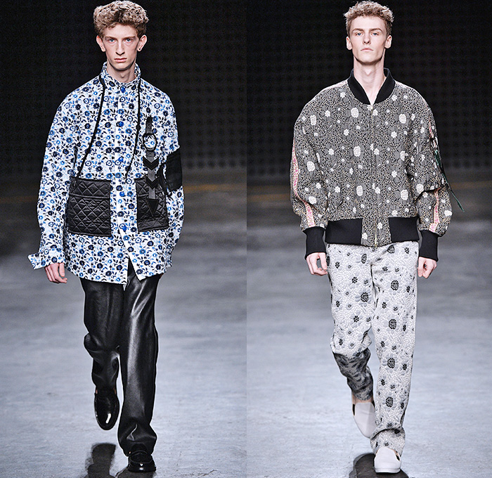 Xander Zhou 2016 Spring Summer Mens Runway Catwalk Looks - London Collections: Men British Fashion Council UK United Kingdom - Denim Jeans Chinese Embroidery Tabard Apron Bib Halter Top Clouds Streams Dragon Silk Cargo Pockets O-Ring Straps Anorak Outerwear Jacket Pants Trousers Bomber Jacket Scarf Yin Yang Sheer Chiffon Tulle Onesie Jumpsuit Coveralls Jacquard Waffle Quilted Stripes Adornments