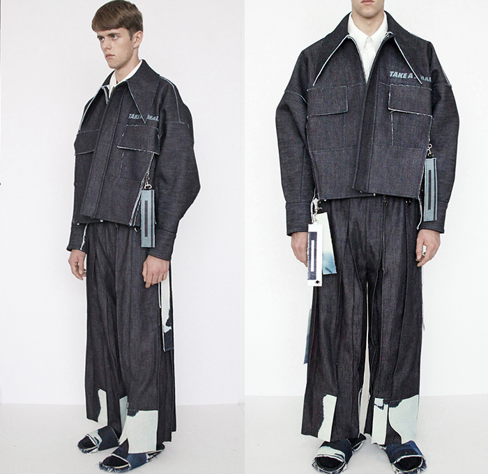 Ximon Lee 2016 Spring Summer Mens Lookbook Presentation - Mode à Paris Fashion Week Mode Masculine France - Raw Dry Rigid Denim Jeans Boxy Board Exaggerated Collar Wide Leg Trousers Palazzo Pants Stripes Pinstripe Slippers Wide Collar Oversized Outerwear Coat Jacket Tag Multi-Panel Panels Vest Waistcoat Sleeveless Straps Shorts Culottes Gauchos Sandwich First Taste