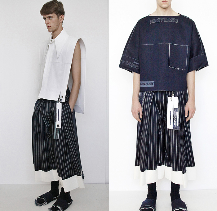Ximon Lee 2016 Spring Summer Mens Lookbook Presentation - Mode à Paris Fashion Week Mode Masculine France - Raw Dry Rigid Denim Jeans Boxy Board Exaggerated Collar Wide Leg Trousers Palazzo Pants Stripes Pinstripe Slippers Wide Collar Oversized Outerwear Coat Jacket Tag Multi-Panel Panels Vest Waistcoat Sleeveless Straps Shorts Culottes Gauchos Sandwich First Taste