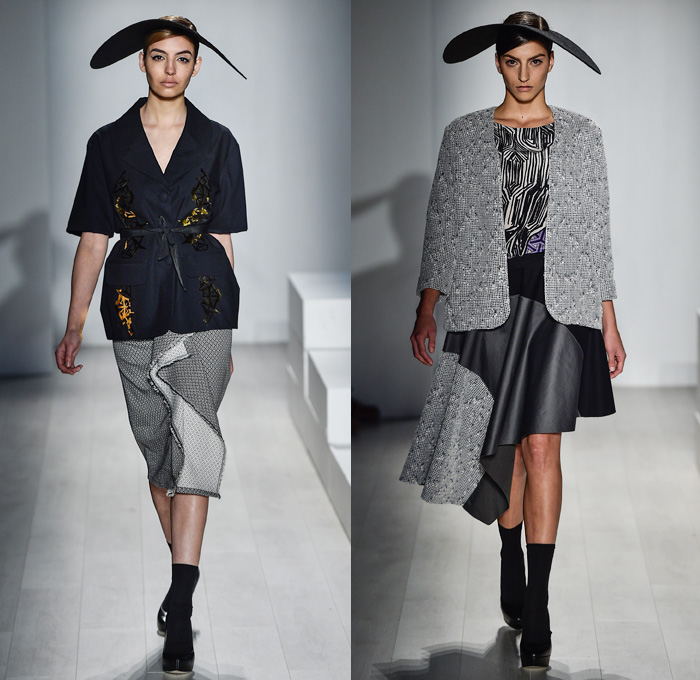 Zoran Dobric 2016 Spring Summer Womens Runway Catwalk Looks - World MasterCard Fashion Week Toronto Ontario Canada WMCFW - Lasercut Mesh Perforated Geometric Mix Match Silk Satin Asymmetrical Hem Wide Brim hat Pants Trousers Cape Cloak Blouse Skirt Frock Drapery Knit Long Sleeve Outerwear Jacket Blazer Sheer Chiffon Ornamental Print