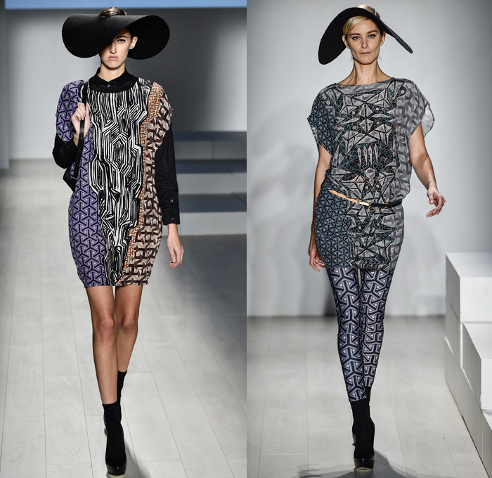 Zoran Dobric 2016 Spring Summer Womens Runway Catwalk Looks - World MasterCard Fashion Week Toronto Ontario Canada WMCFW - Lasercut Mesh Perforated Geometric Mix Match Silk Satin Asymmetrical Hem Wide Brim hat Pants Trousers Cape Cloak Blouse Skirt Frock Drapery Knit Long Sleeve Outerwear Jacket Blazer Sheer Chiffon Ornamental Print