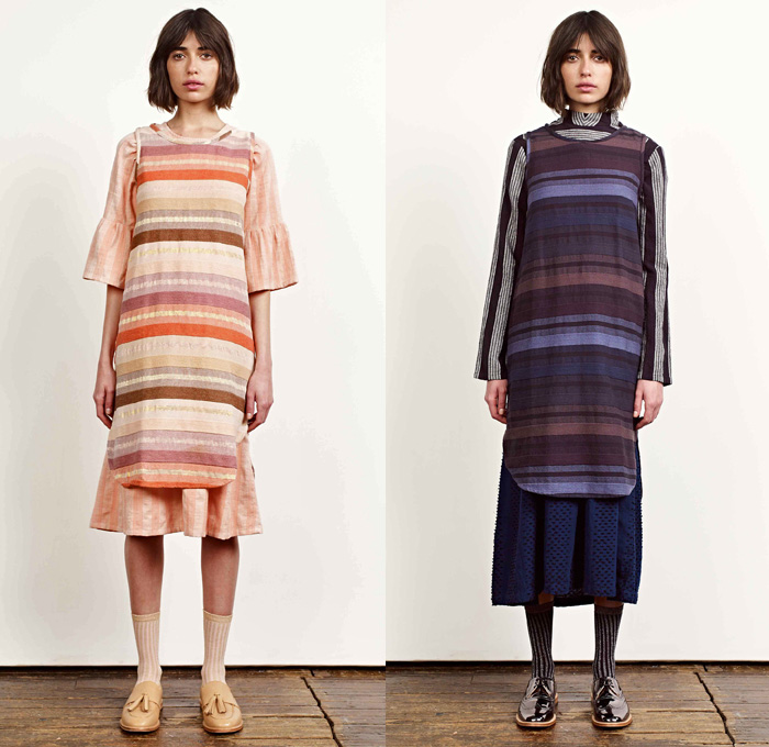 Ace + Jig 2017-2018 Fall Autumn Winter Womens Lookbook Presentation - New York Fashion - Countryside Stripes Linen Lightweight Dress Curved Hem Bell Sleeves Blouse Long Sleeve Shirt High Slit Midi Skirt Turtleneck Mockneck Polka Dots Plaid Tartan Check Embroidery Embellishments Decorated Knit Geometric Ornaments Decorative Art Ruffles Ethnic Tribal Folk Tie Up Rope Wide Band One Shoulder Cross Halterneck Onesie Jumpsuit Coveralls Wide Leg Trousers Palazzo Pants Outerwear Coat Jacket Metallic Pussycat Bow Ribbon Sleeveless Skirt Over Skirt Over Pants Socks Tassels Loafers