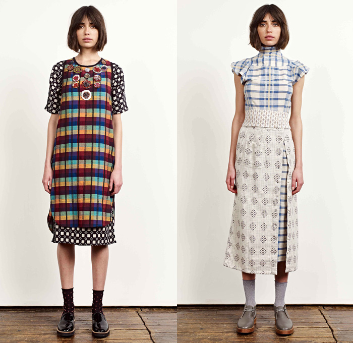 Ace + Jig 2017-2018 Fall Autumn Winter Womens Lookbook Presentation - New York Fashion - Countryside Stripes Linen Lightweight Dress Curved Hem Bell Sleeves Blouse Long Sleeve Shirt High Slit Midi Skirt Turtleneck Mockneck Polka Dots Plaid Tartan Check Embroidery Embellishments Decorated Knit Geometric Ornaments Decorative Art Ruffles Ethnic Tribal Folk Tie Up Rope Wide Band One Shoulder Cross Halterneck Onesie Jumpsuit Coveralls Wide Leg Trousers Palazzo Pants Outerwear Coat Jacket Metallic Pussycat Bow Ribbon Sleeveless Skirt Over Skirt Over Pants Socks Tassels Loafers